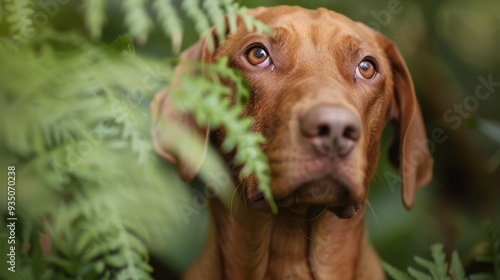  A tight shot of a dog's curious face emerging from ferny tree leaves, gazing at the camera