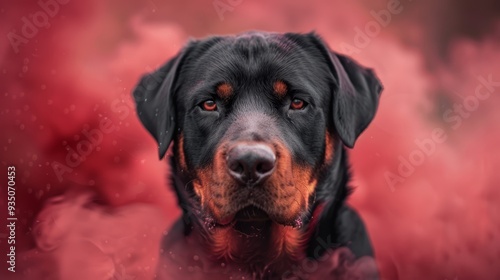  A dog's face up close against a backdrop of red smoke, with a black doghead in the front photo