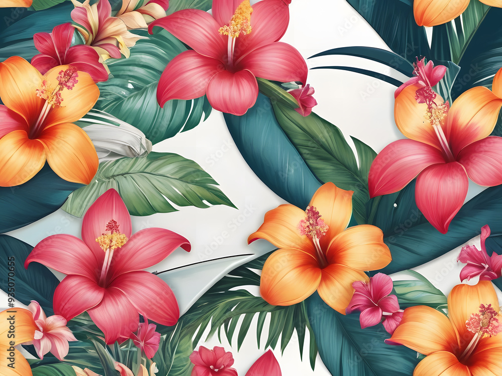 Fototapeta premium Seamless floral pattern is a bright and vibrant tropical flower. It has mainly red and yellow flowers. Most of which are large hibiscus flowers. dark green leaves on a white background