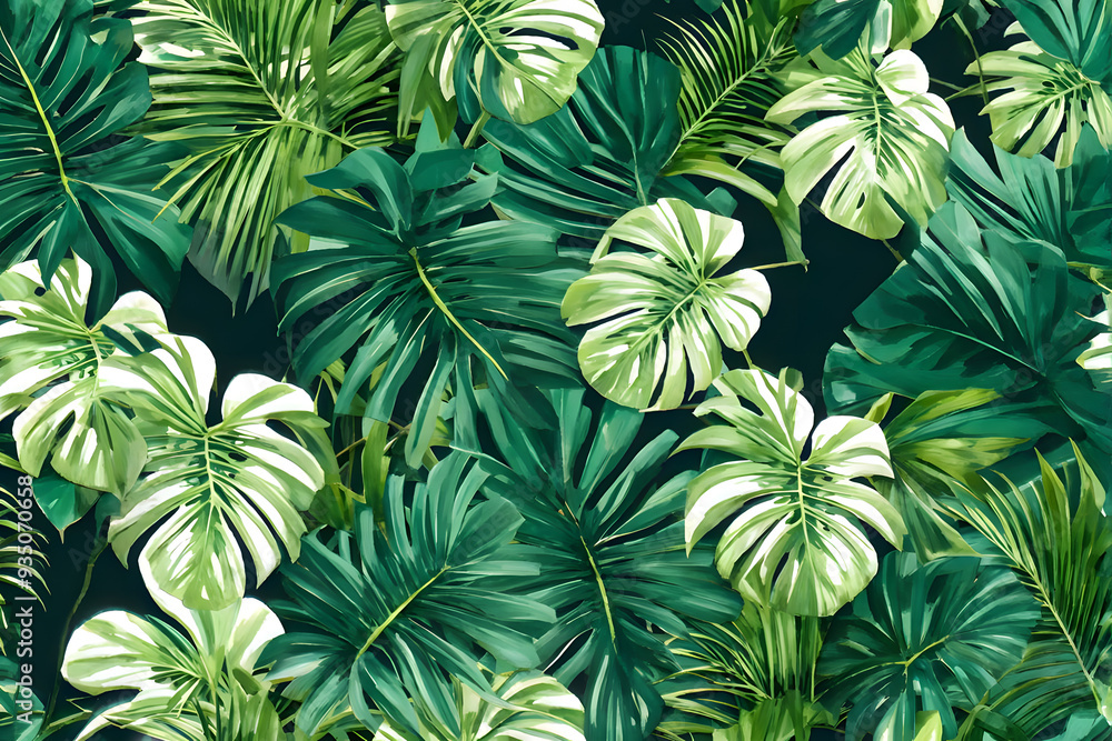 seamless floral pattern Bright green tropical leaf pattern, monstera leaves, palm leaves in modern or tropical style on a dark background. seamless floral pattern Bright green tropical leaf pattern, monstera leaves, palm leaves in modern or tropical style on a dark background.