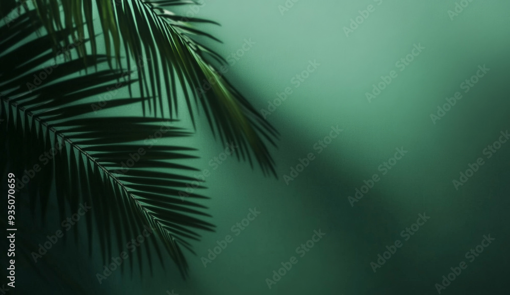 A single palm frond casts a shadow on a green wall. A single palm frond casts a shadow on a green wall.