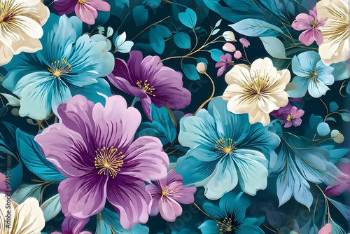 Wallpaper Mural Seamless floral pattern Purple, blue and white floral pattern on a dark green background. Suitable for decorating various designs. Torontodigital.ca