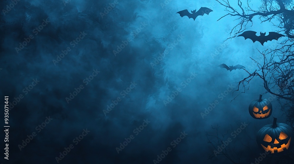 Halloween Night's Embrace: Eerie blue fog, silhouetted bats, and grinning pumpkins set a spooky scene for Halloween. Halloween Night's Embrace: Eerie blue fog, silhouetted bats, and grinning pumpkins set a spooky scene for Halloween.