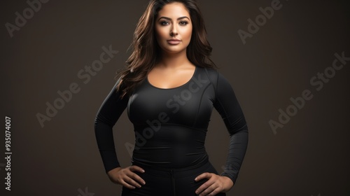 Energetic plus size young woman in sleek workout gear standing 