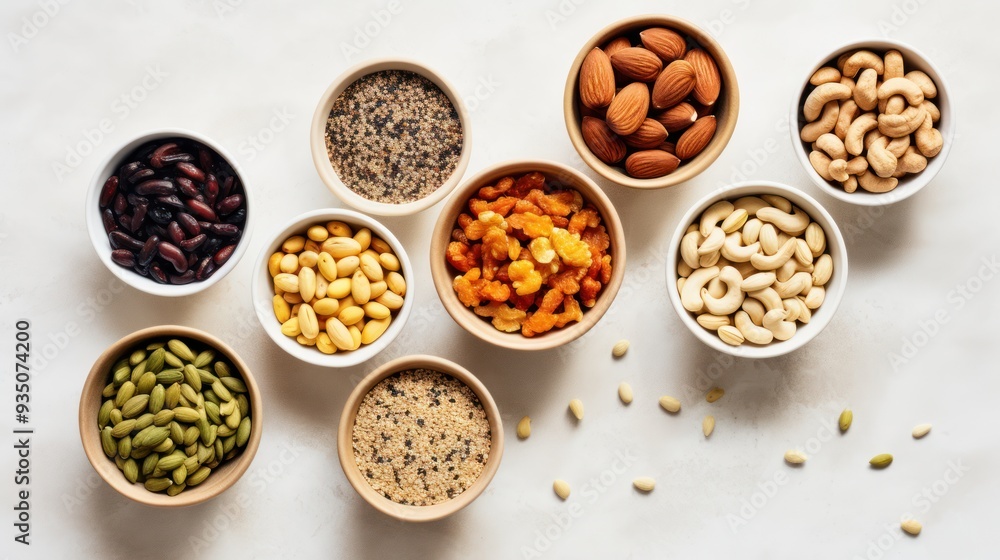 a variety of nuts, seeds, and whole grains displayed in small bowls a variety of nuts, seeds, and whole grains displayed in small bowls