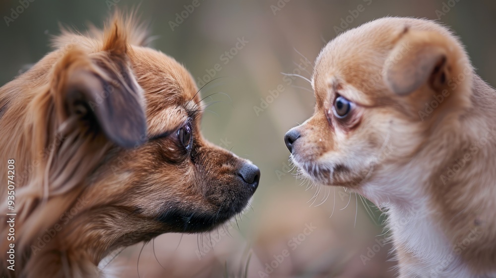  A tight shot of two small dogs One gazes at the other with sorrowful eyes, while the other returns a similarly melancholic stare
