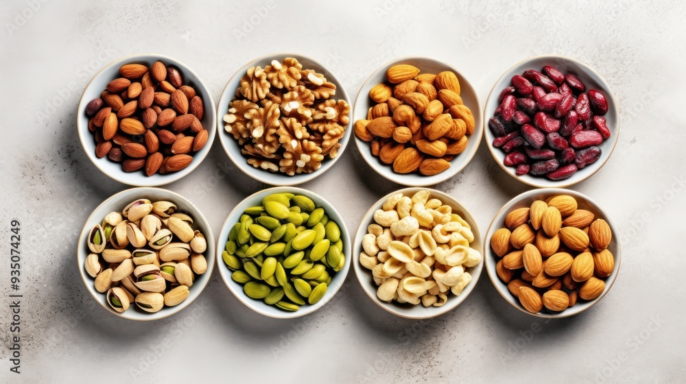 a variety of nuts, seeds, and whole grains displayed in small bowls a variety of nuts, seeds, and whole grains displayed in small bowls