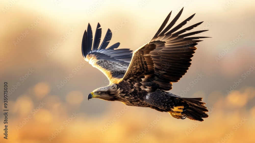 Fototapeta premium A bird of prey flies through the air with its wings spread out