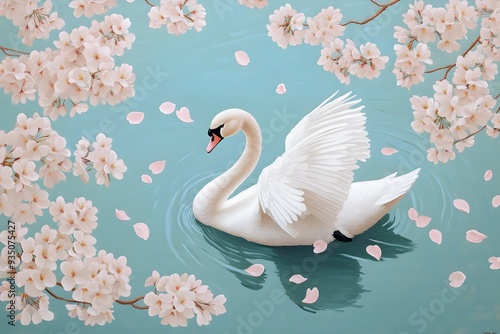 Wallpaper Mural Graceful Swan Gliding Across a Tranquil Pond Amid Drifting Cherry Blossom Petals Torontodigital.ca