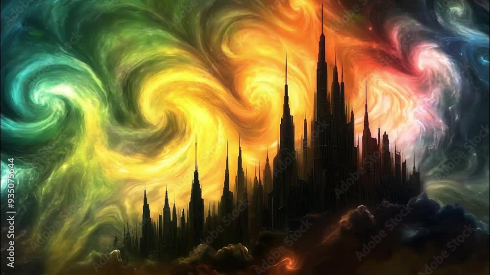 A Silhouette of a Cityscape Against a Vibrant Cosmic Background A Silhouette of a Cityscape Against a Vibrant Cosmic Background