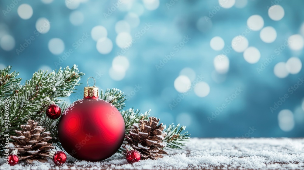 Christmas - Banner Of Red Ornament, Pine-cones And Branches On Snowy Wooden Table With Blue Bokeh Background with generative ai Christmas - Banner Of Red Ornament, Pine-cones And Branches On Snowy Wooden Table With Blue Bokeh Background with generative ai