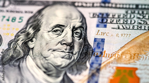 Close-up of Benjamin Franklin�s face on a USD banknote, with a stock market chart graph  photo