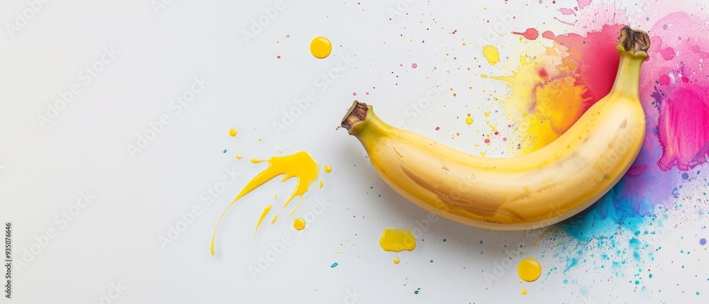 A banana atop a table, sporting paint splatters, with a paint splash adjacent to its side A banana atop a table, sporting paint splatters, with a paint splash adjacent to its side