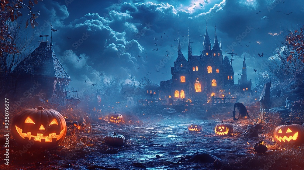 Haunted Halloween Castle: A spooky castle glows under the eerie moonlight, surrounded by jack-o'-lanterns, setting a chilling scene for the Halloween season. Haunted Halloween Castle: A spooky castle glows under the eerie moonlight, surrounded by jack-o'-lanterns, setting a chilling scene for the Halloween season.