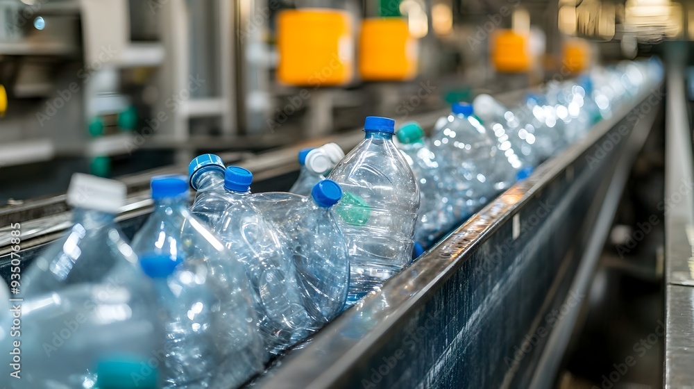 Plastic bottles being sorted and transported on a conveyor belt in an industrial recycling facility highlighting the process of waste management and sustainable practices for a greener environment Plastic bottles being sorted and transported on a conveyor belt in an industrial recycling facility highlighting the process of waste management and sustainable practices for a greener environment