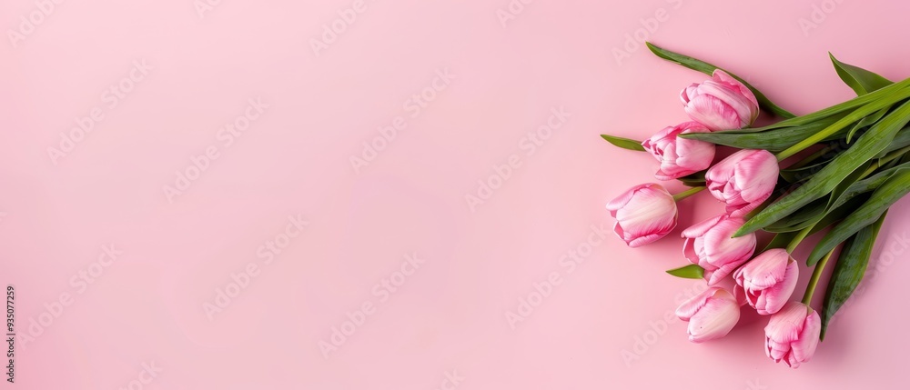 Fototapeta premium Pink tulips atop a pink surface, their green leaves elevated above