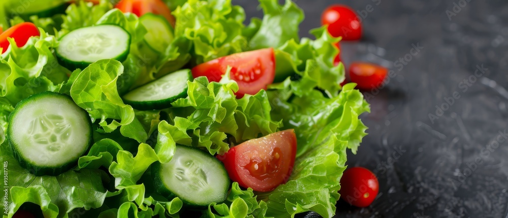 Lettuce, cucumber, tomatoes, and more lettuce on a black surface with water droplets ..Or, for a more conc Lettuce, cucumber, tomatoes, and more lettuce on a black surface with water droplets ..Or, for a more conc