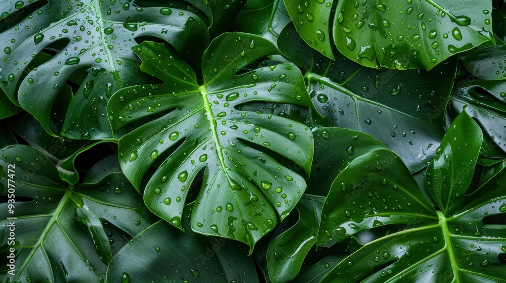 Fototapeta premium Wet Monstera deliciosa plant leaves in a garden , ai