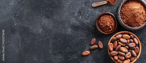  A bowl of cocoa beans and a bowl of cocoa powder, accompanied by spoons, against a dark background