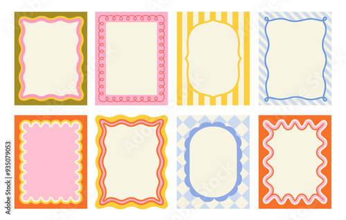 Set of frames with wavy edges. Trendy doodle borders with geometric patterns and curved shapes. Abstract design elements for invitations. Flat vector illustration collection isolated on background