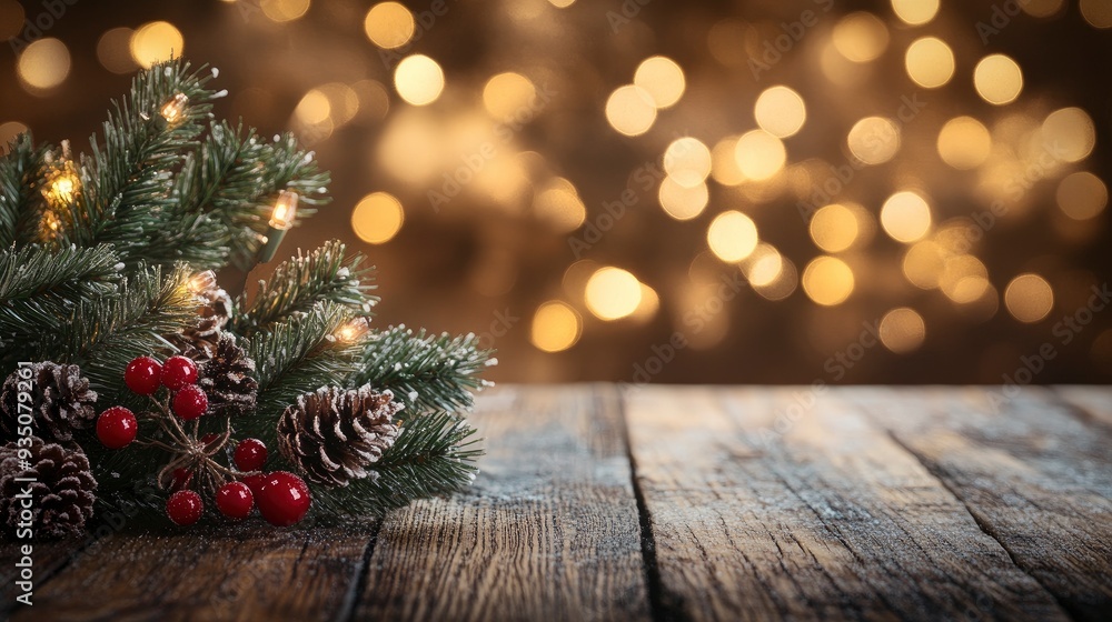 Christmas Decoration On Wooden Table With Glowing Bokeh Background - Christmas with generative ai Christmas Decoration On Wooden Table With Glowing Bokeh Background - Christmas with generative ai