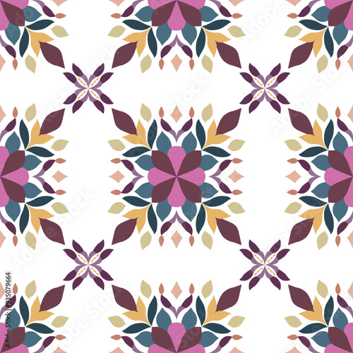 This design features a beautifully symmetrical floral pattern, with large, kaleidoscopic flower motifs as the central element. Each flower is composed of layered petals in rich, muted tones of purple,