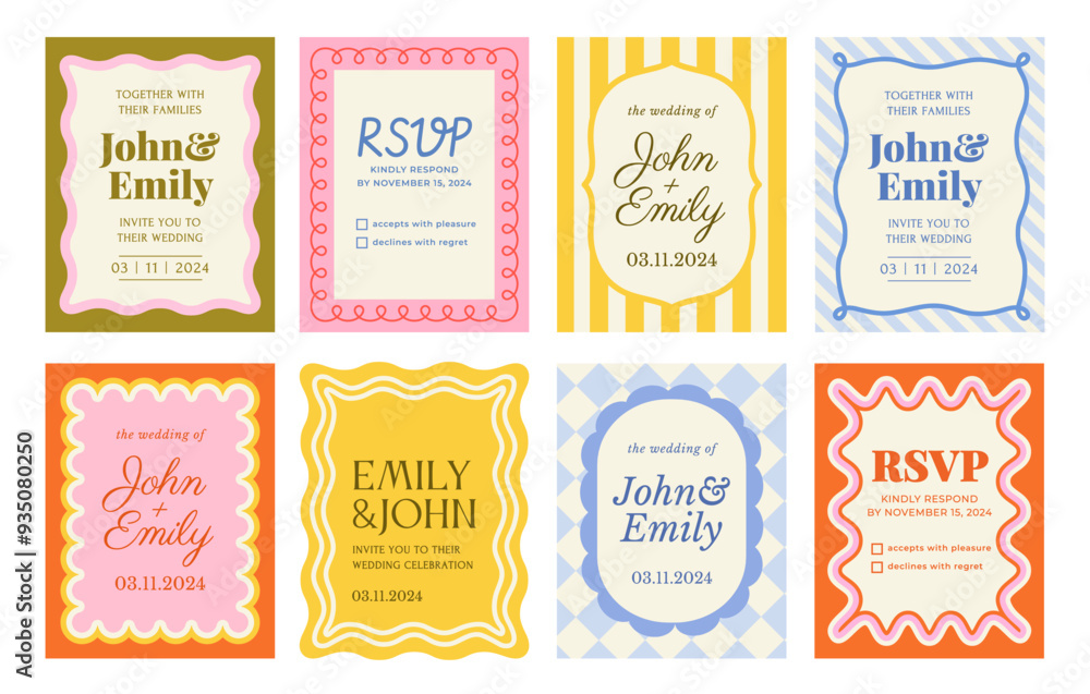 Set of wavy invitation frames. Abstract geometric borders with curved shapes and text templates. Invitations to event or wedding. Flat vector illustration collection isolated on white background