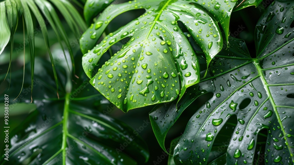 Obraz premium Wet Monstera deliciosa plant leaves in a garden , ai