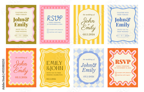 Set of wavy invitation frames. Abstract geometric borders with curved shapes and text templates. Invitations to event or wedding. Flat vector illustration collection isolated on white background