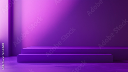 An elegant modern backdrop featuring purple tones and stairs provides a versatile space for artistic displays, presentations, or performances, enhancing any creative event, copy space photo