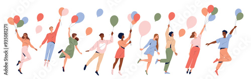 Set of happy people flying with balloons. Smiling carefree men and women holding bunch of balloons and flying upwards. Concept of freedom and joy. Flat vector illustration isolated on white background