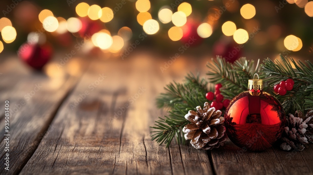 Christmas Decoration On Wooden Table With Glowing Bokeh Background - Christmas with generative ai Christmas Decoration On Wooden Table With Glowing Bokeh Background - Christmas with generative ai