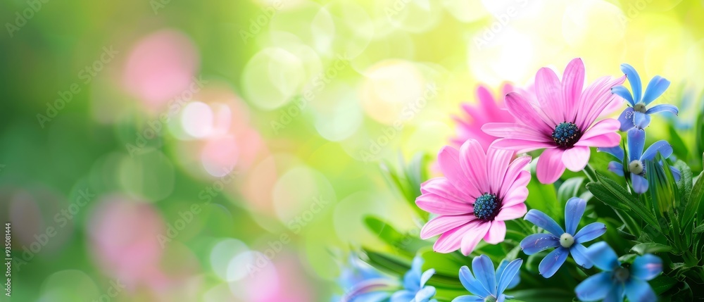 A pink-and-blue floral arrangement atop a verdant, sunlit meadow A pink-and-blue floral arrangement atop a verdant, sunlit meadow