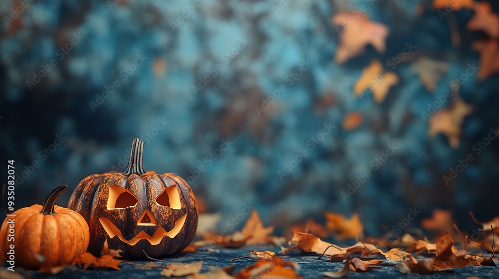 Halloween's Haunting Glow: A carved pumpkin casts an eerie glow amidst a backdrop of autumn leaves, evoking the spirit of Halloween. Halloween's Haunting Glow: A carved pumpkin casts an eerie glow amidst a backdrop of autumn leaves, evoking the spirit of Halloween.