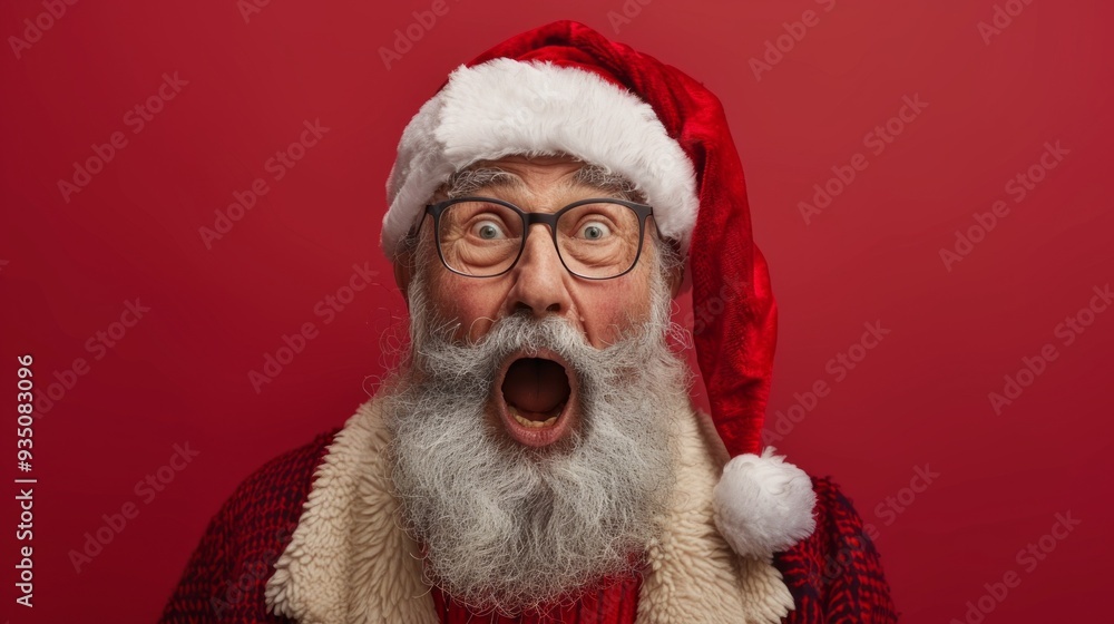 A retired man with a grey beard joyfully shouts while wearing a Santa hat, showcasing excitement and cheerfulness during the festive holiday season A retired man with a grey beard joyfully shouts while wearing a Santa hat, showcasing excitement and cheerfulness during the festive holiday season