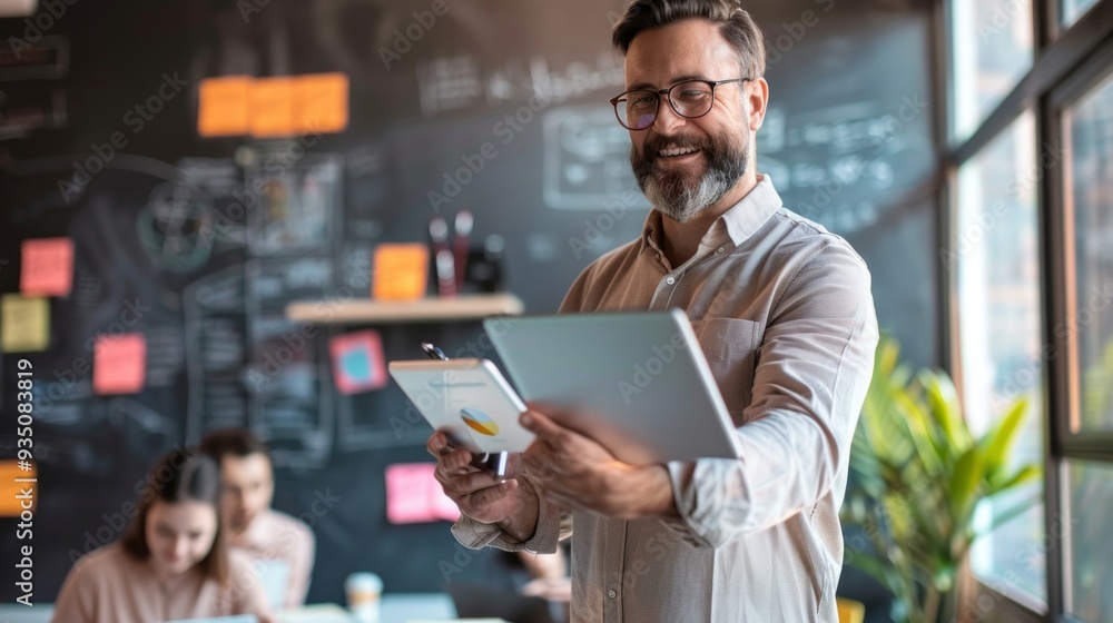 A teacher enthusiastically guides students by pointing at materials while holding a tablet, fostering an interactive and collaborative classroom atmosphere A teacher enthusiastically guides students by pointing at materials while holding a tablet, fostering an interactive and collaborative classroom atmosphere