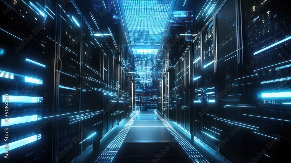 Futuristic Server Room with Blue Light Futuristic Server Room with Blue Light