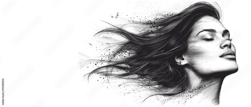 head turned, hair flowing in the wind, facial dots depicted