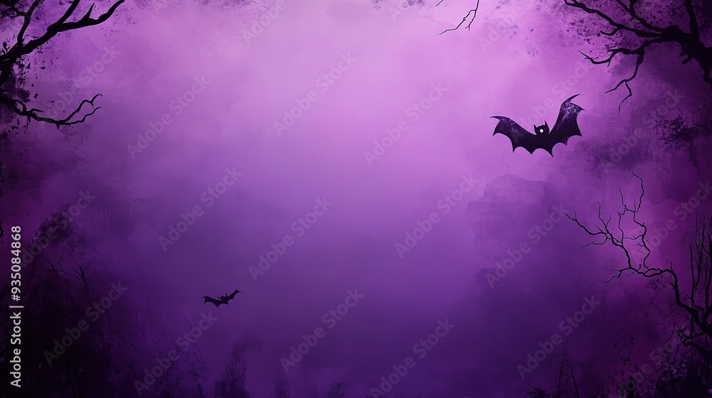 Haunted Purple Twilight: A chilling Halloween backdrop featuring silhouetted bats against a spooky, misty purple forest. Haunted Purple Twilight: A chilling Halloween backdrop featuring silhouetted bats against a spooky, misty purple forest.