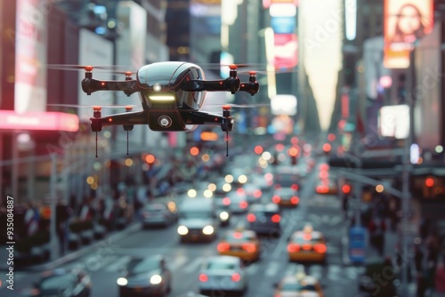 Wallpaper Mural A drone soaring above a city skyline at dusk, capturing the vibrant colors of the setting sun and city lights below, A drone taxi transporting passengers through the busy streets  Torontodigital.ca