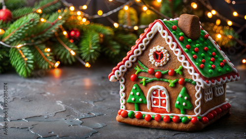 Gingerbread house in a festive mood with Christmas decorations and fairy lights