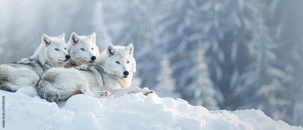 A trio of white wolves atop a mound of snow, before snow-laden trees A trio of white wolves atop a mound of snow, before snow-laden trees