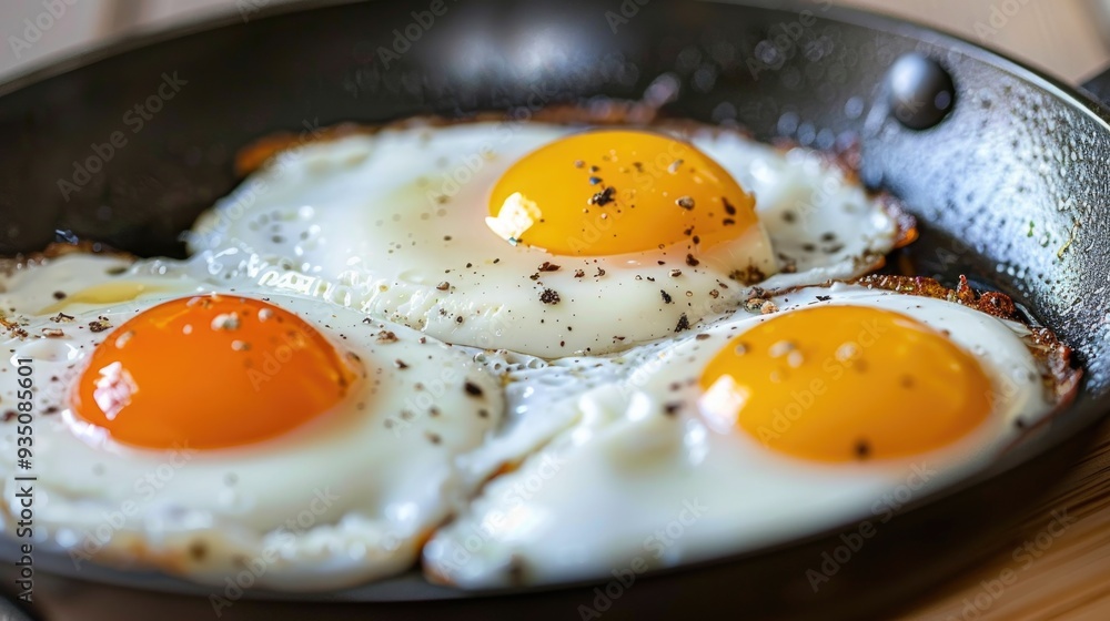 Sunny side up poached egg or omelette on a skillet or pan. Top view. Sunny side up poached egg or omelette on a skillet or pan. Top view.