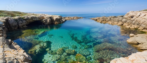  A scene of a blue sky dotted with clouds above a body of water encircled by rocks