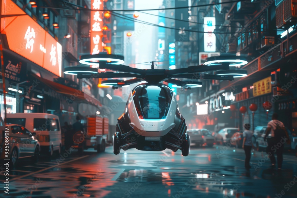A drone in flight above a city during dusk, highlighting the blend of twilight hues and the emerging city lights, A drone taxi transporting passengers through the busy streets A drone in flight above a city during dusk, highlighting the blend of twilight hues and the emerging city lights, A drone taxi transporting passengers through the busy streets