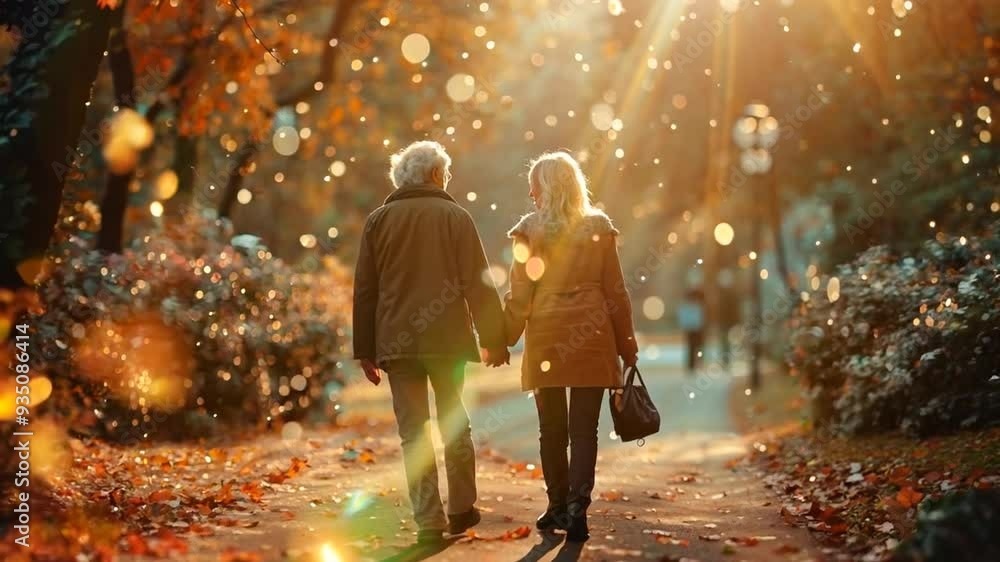 Elderly couple walking hand in hand through a vibrant autumn park in the golden hour Elderly couple walking hand in hand through a vibrant autumn park in the golden hour