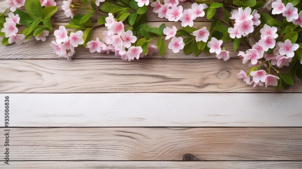 Spring cherry blossom background with wooden board Spring cherry blossom background with wooden board