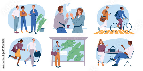 Office worker scenes. Set of company employees in outdoor activity. Staff daily routine. Businesspeople waiting for bus, smoking, rushing to meeting. Flat vector illustration isolated on background