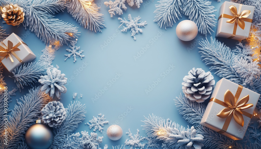Winter holiday scene with frosted pine branches, gift boxes, and ornaments on a light blue background. Perfect for festive greeting cards and winter-themed designs. Winter holiday scene with frosted pine branches, gift boxes, and ornaments on a light blue background. Perfect for festive greeting cards and winter-themed designs.