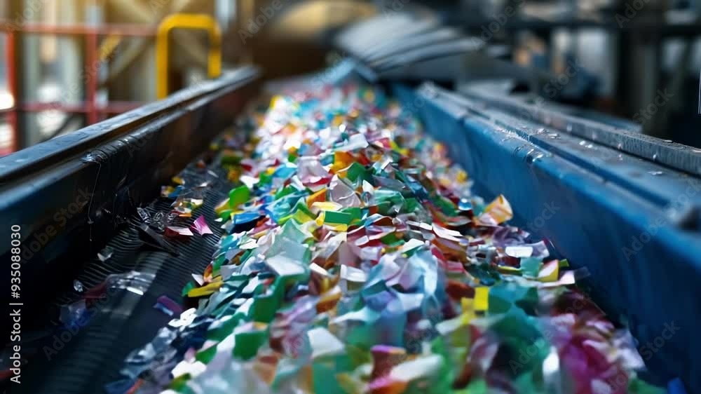 Plastic waste is moving on conveyor belt during the sorting process in an innovative recycling plant. Crushed plastic bottles ready to be transformed in new recycled material